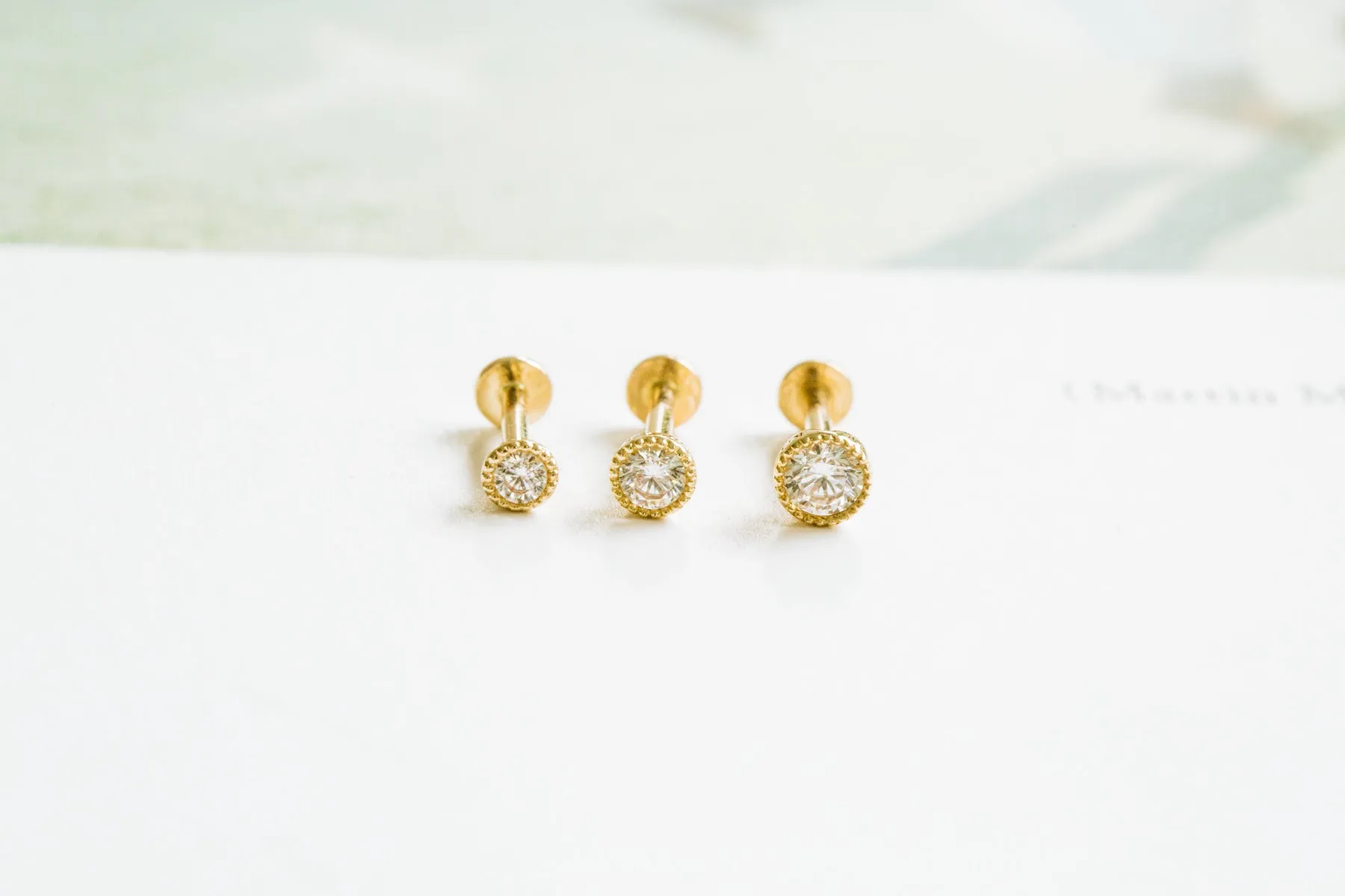 14K Gold Cz Bezel Tragus Cartilage Conch Helix Internally threaded Flat Back Labret Earring Stud