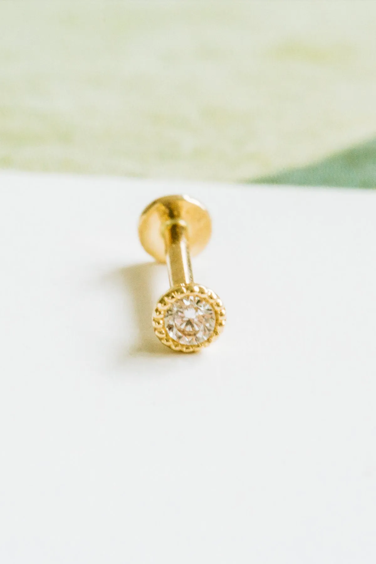 14K Gold Cz Bezel Tragus Cartilage Conch Helix Internally threaded Flat Back Labret Earring Stud