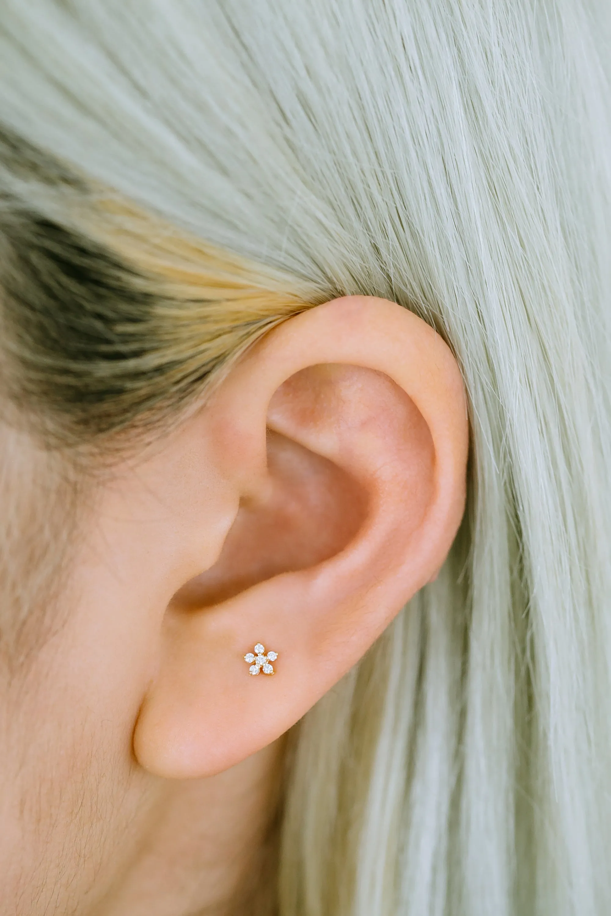 14K GOLD JEWELRY MINIMALIST CZ FLOWER BARBELL EAR STUD EARRING PIERCING