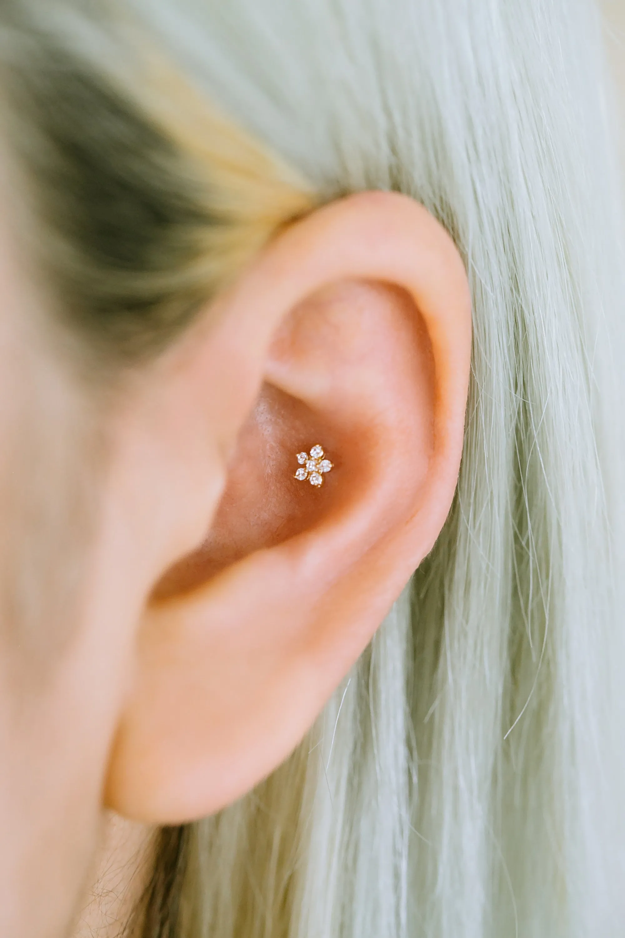 14K GOLD JEWELRY MINIMALIST CZ FLOWER BARBELL EAR STUD EARRING PIERCING