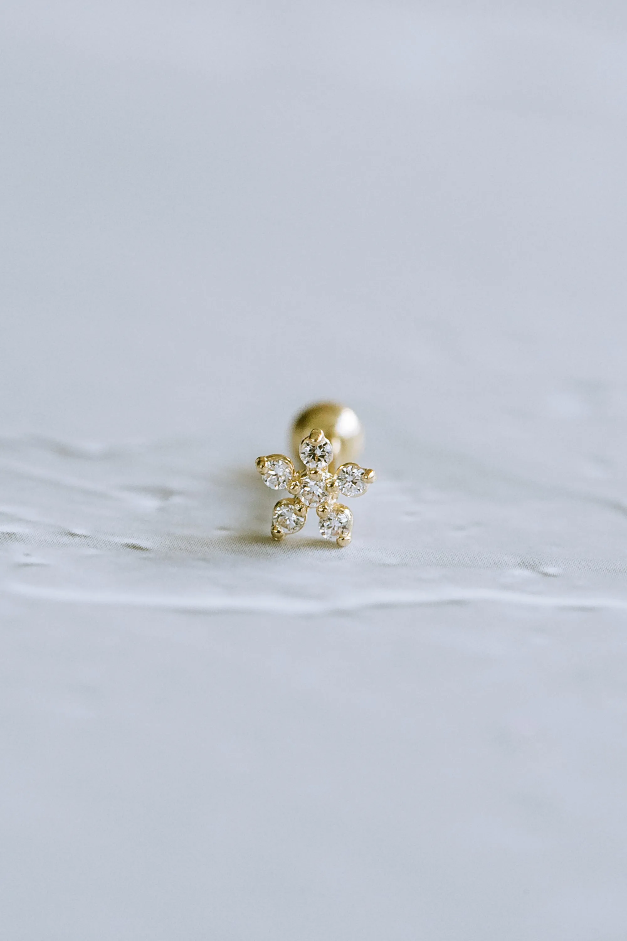 14K GOLD JEWELRY MINIMALIST CZ FLOWER BARBELL EAR STUD EARRING PIERCING