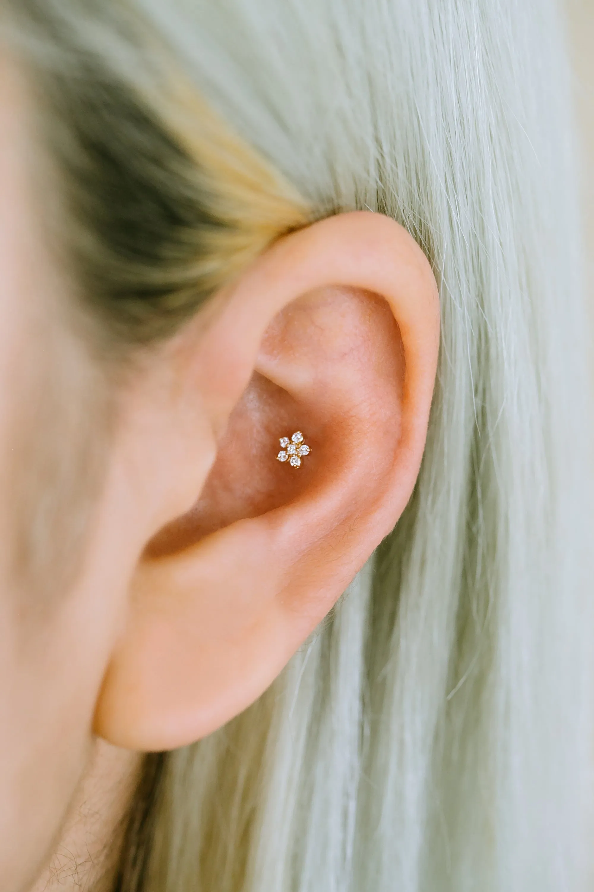 14K GOLD JEWELRY MINIMALIST CZ FLOWER BARBELL EAR STUD EARRING PIERCING