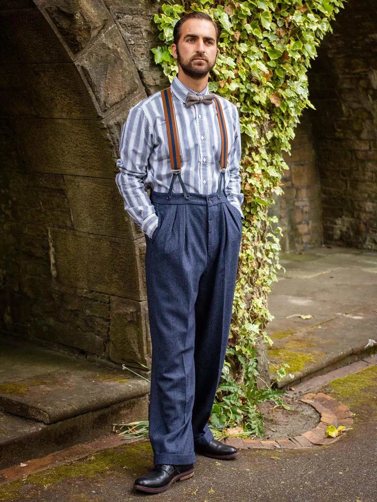 1940s Vintage Granville Herringbone Wool Bag Trousers in Navy Blue