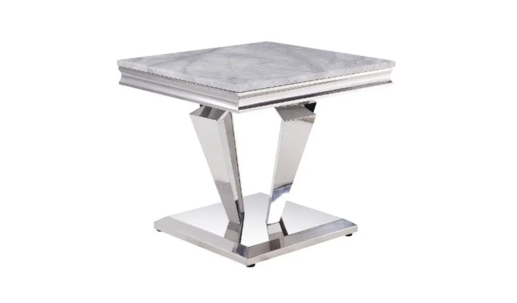 22 Silver And Light Gray Marble Look And Stainless Steel Square End Table