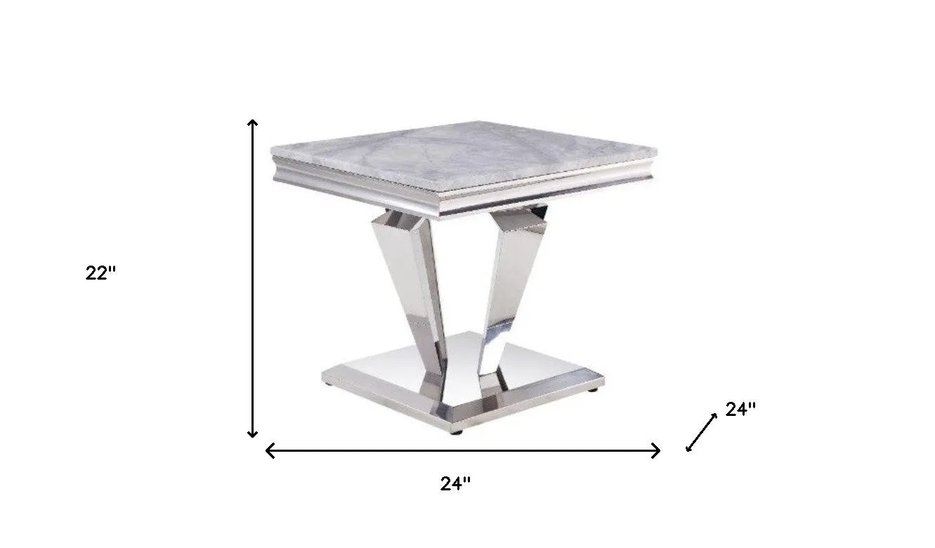 22 Silver And Light Gray Marble Look And Stainless Steel Square End Table