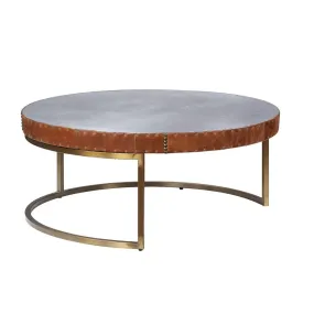 36 Brown And Silver Leather And Metal Round Coffee Table