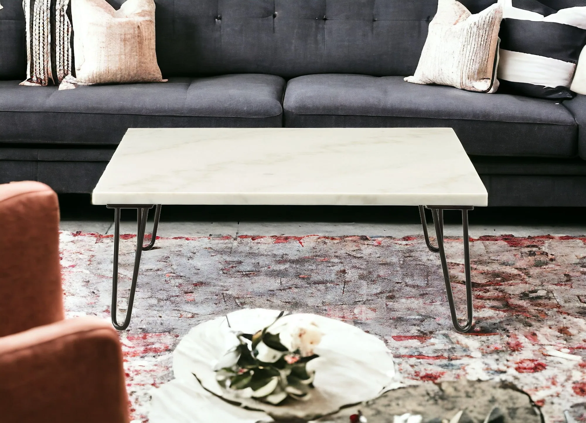 40 White And Black Faux Marble And Iron Coffee Table