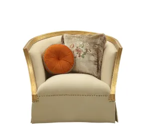 41 Tan and Gold Distressed Arm Chair and Toss Pillows