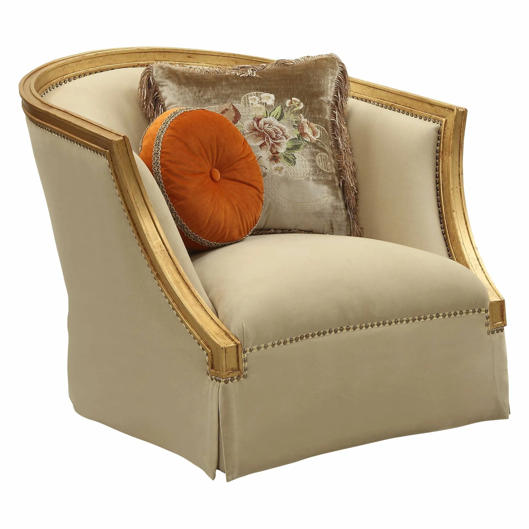 41 Tan and Gold Distressed Arm Chair and Toss Pillows