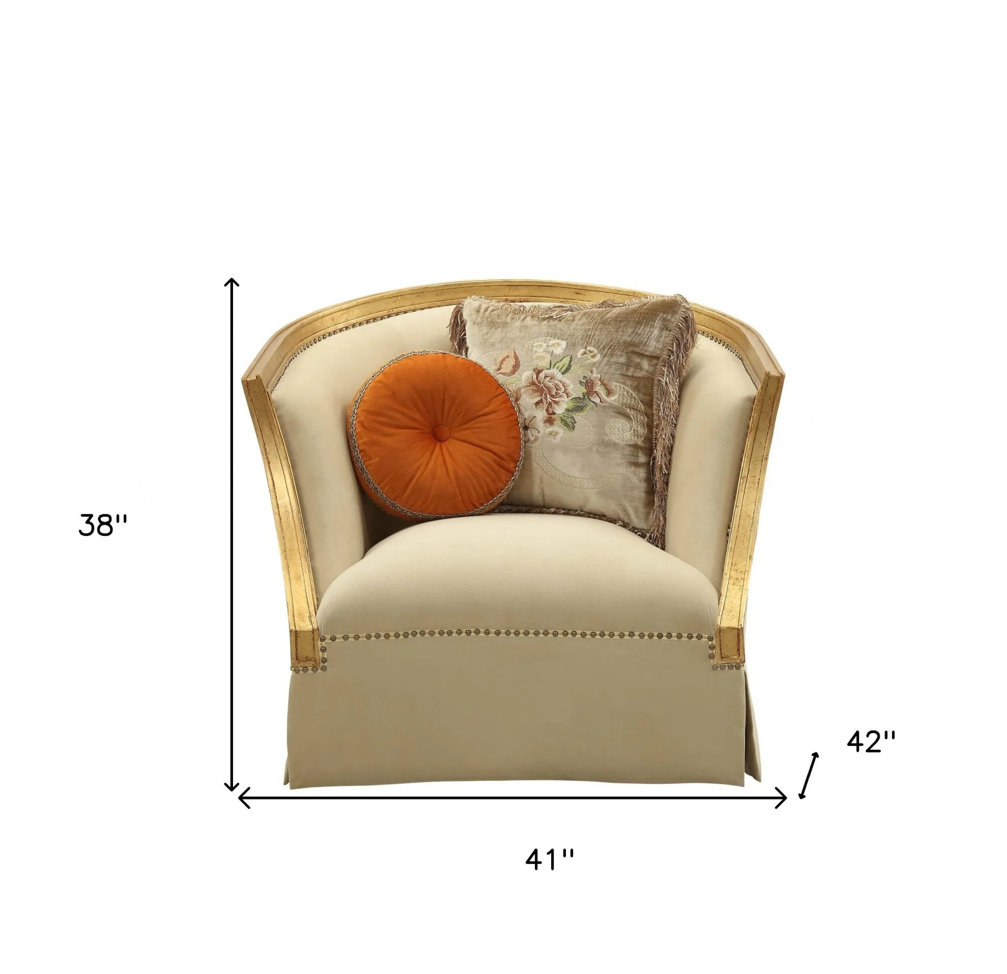 41 Tan and Gold Distressed Arm Chair and Toss Pillows