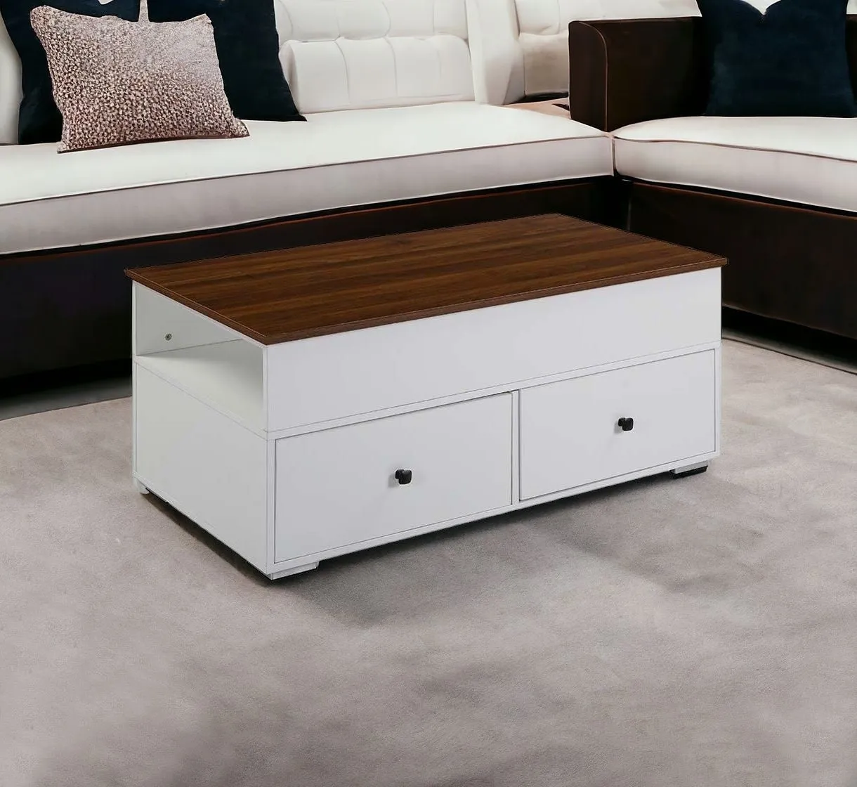 46 White And Walnut Lift Top Coffee Table With Two Drawers And Shelf