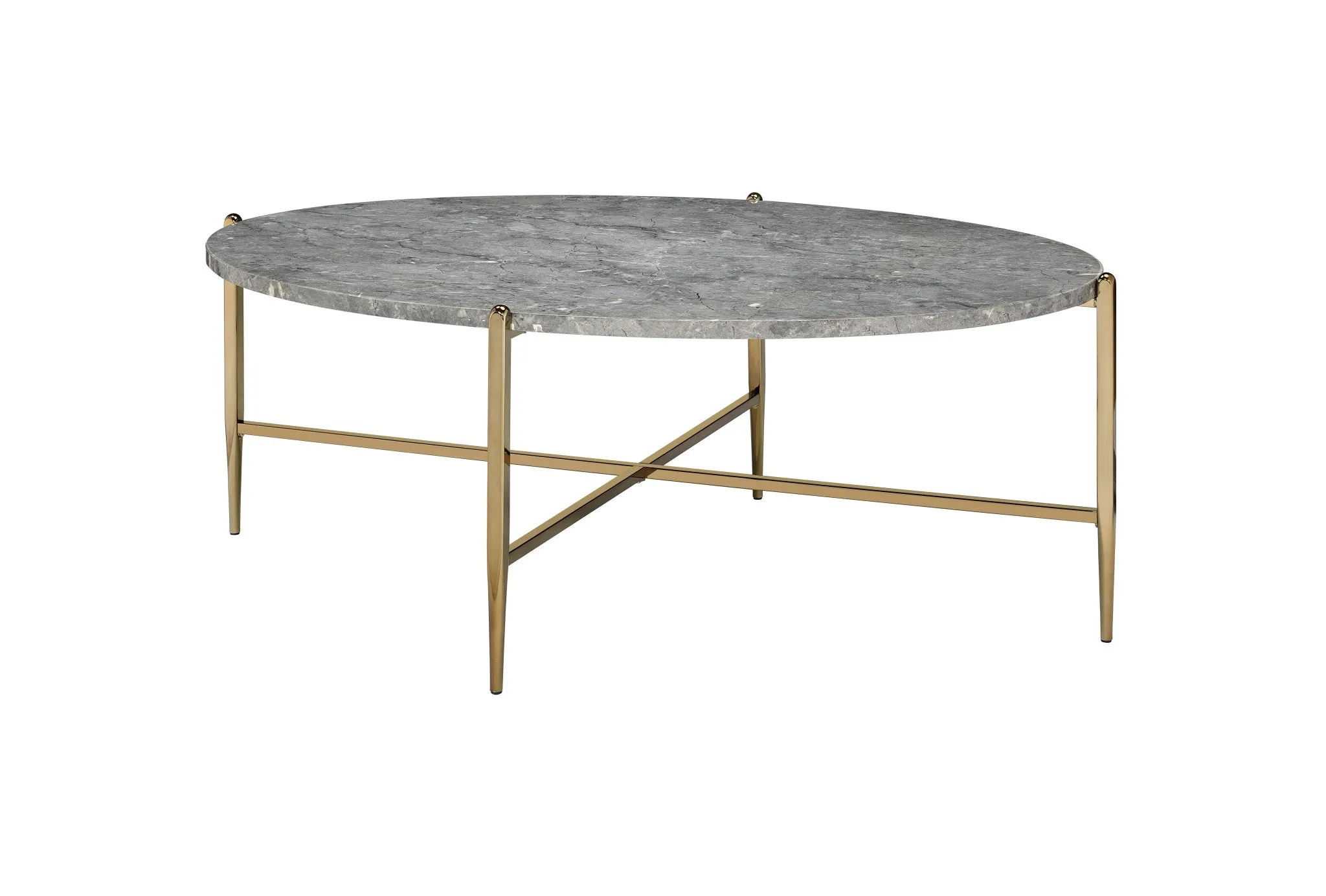 48 Gray And Champagne Faux Marble And Metal Oval Coffee Table