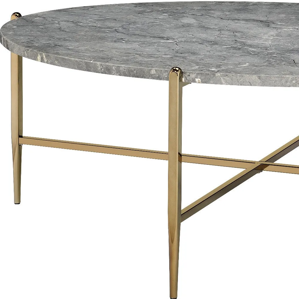 48 Gray And Champagne Faux Marble And Metal Oval Coffee Table