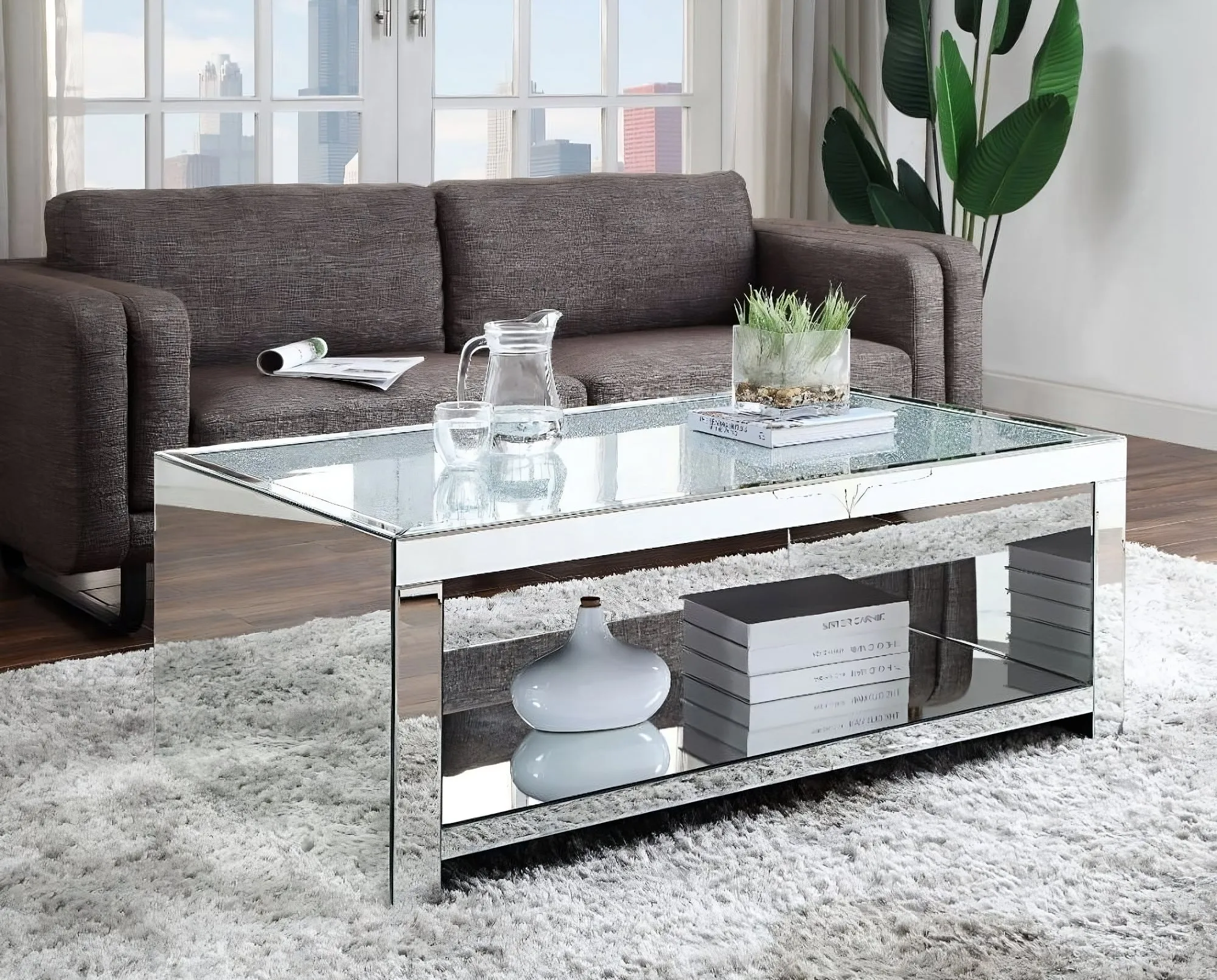 48 Silver Glass Mirrored Coffee Table With Shelf