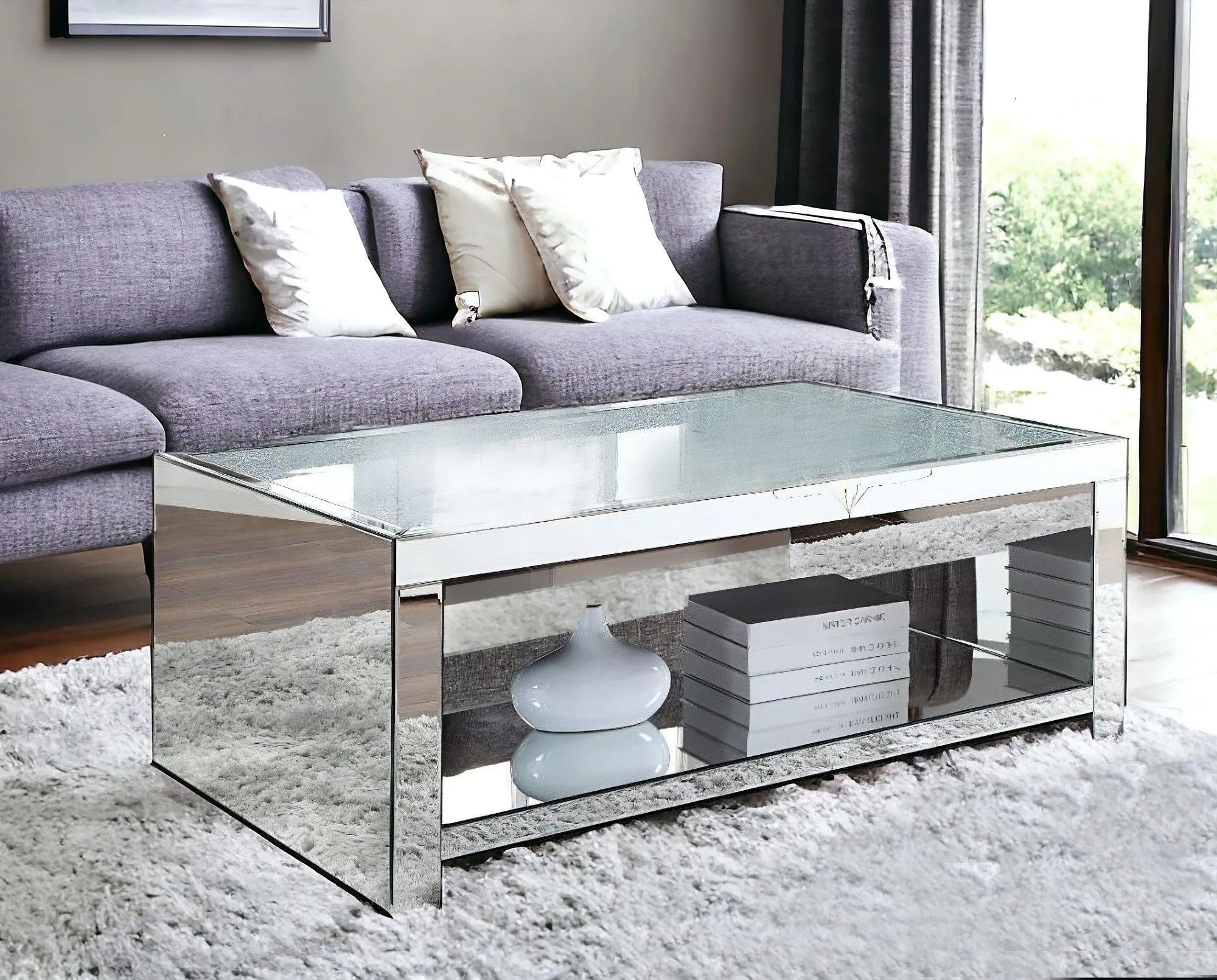 48 Silver Glass Mirrored Coffee Table With Shelf