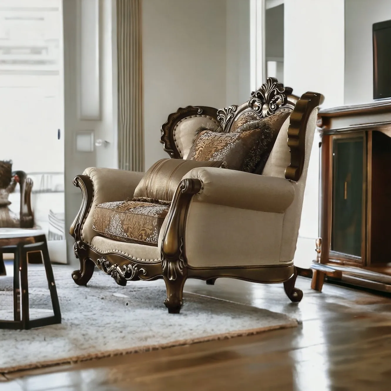 49 Tan And Brown Fabric Floral Tufted Wingback Chair