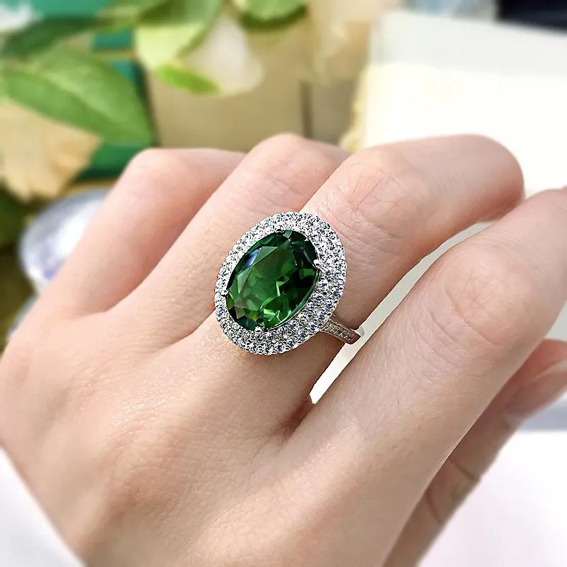 5.0 CT Retro Green Halo Oval Cut Sterling Silver Engagement Ring