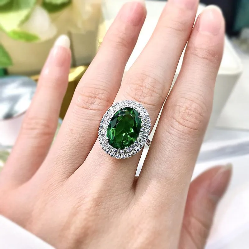 5.0 CT Retro Green Halo Oval Cut Sterling Silver Engagement Ring