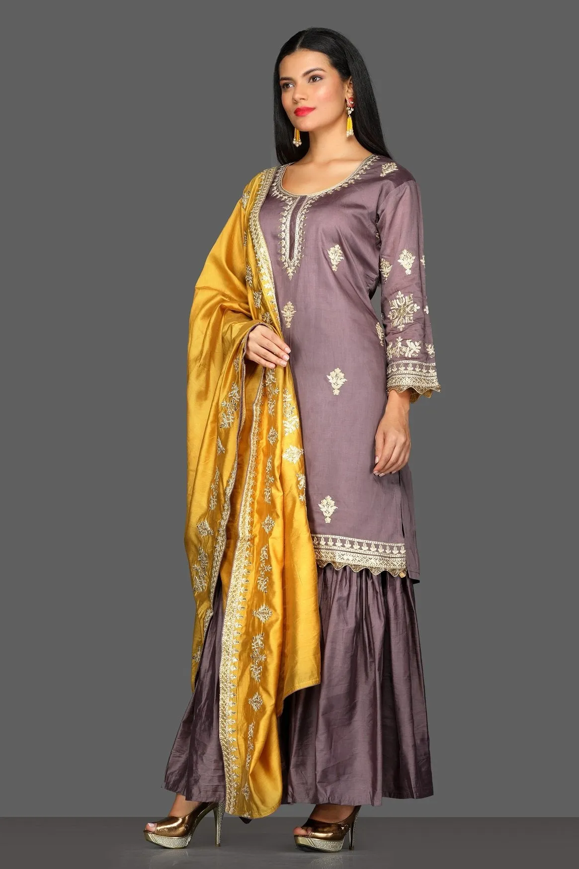 502578 Grey Embroidered Sharara Suit with Yellow Dupatta