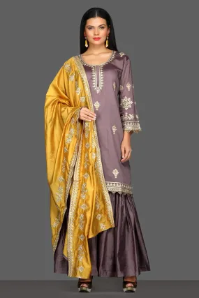 502578 Grey Embroidered Sharara Suit with Yellow Dupatta