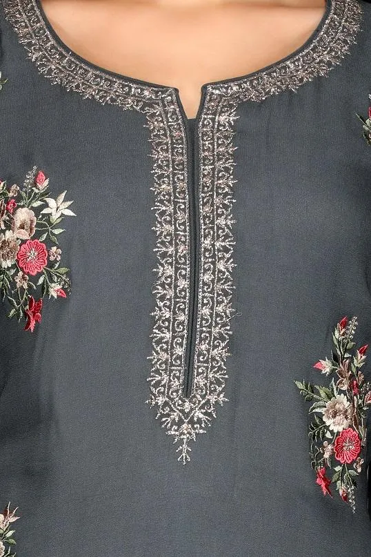 50Z092-RO Dark Grey Embroidered Palazzo Suit with Dupatta