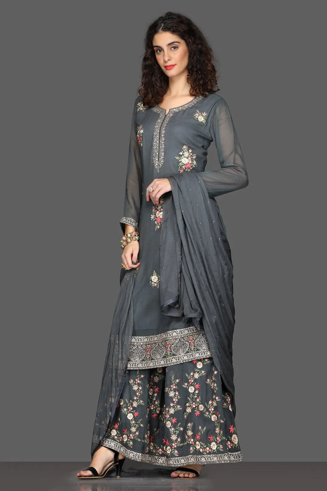 50Z092-RO Dark Grey Embroidered Palazzo Suit with Dupatta