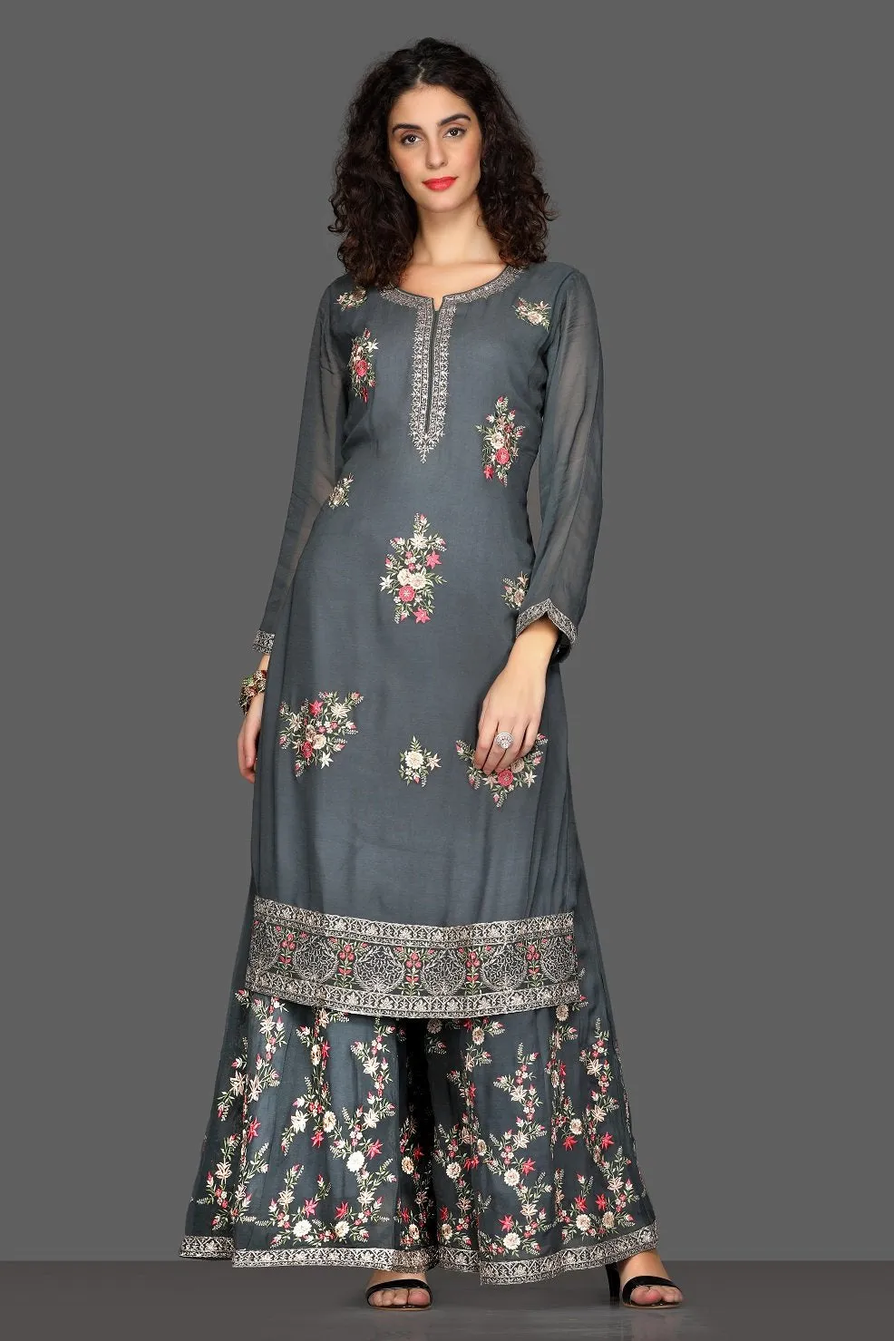 50Z092-RO Dark Grey Embroidered Palazzo Suit with Dupatta