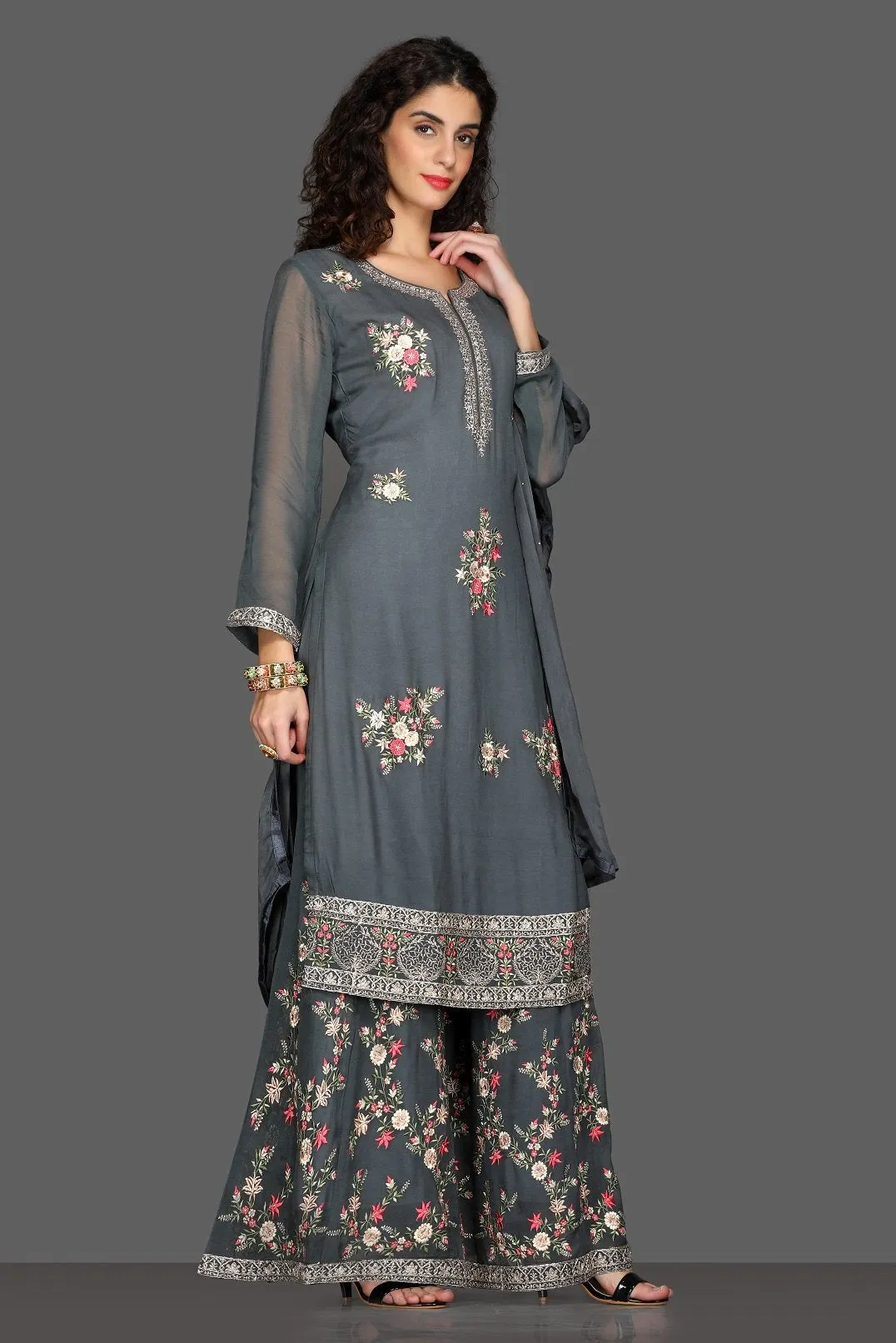 50Z092-RO Dark Grey Embroidered Palazzo Suit with Dupatta