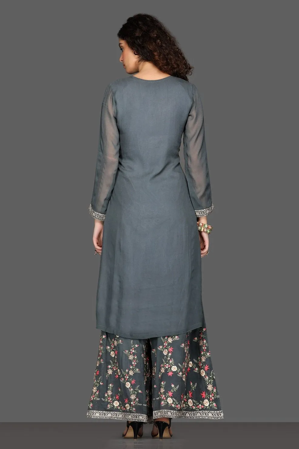 50Z092-RO Dark Grey Embroidered Palazzo Suit with Dupatta