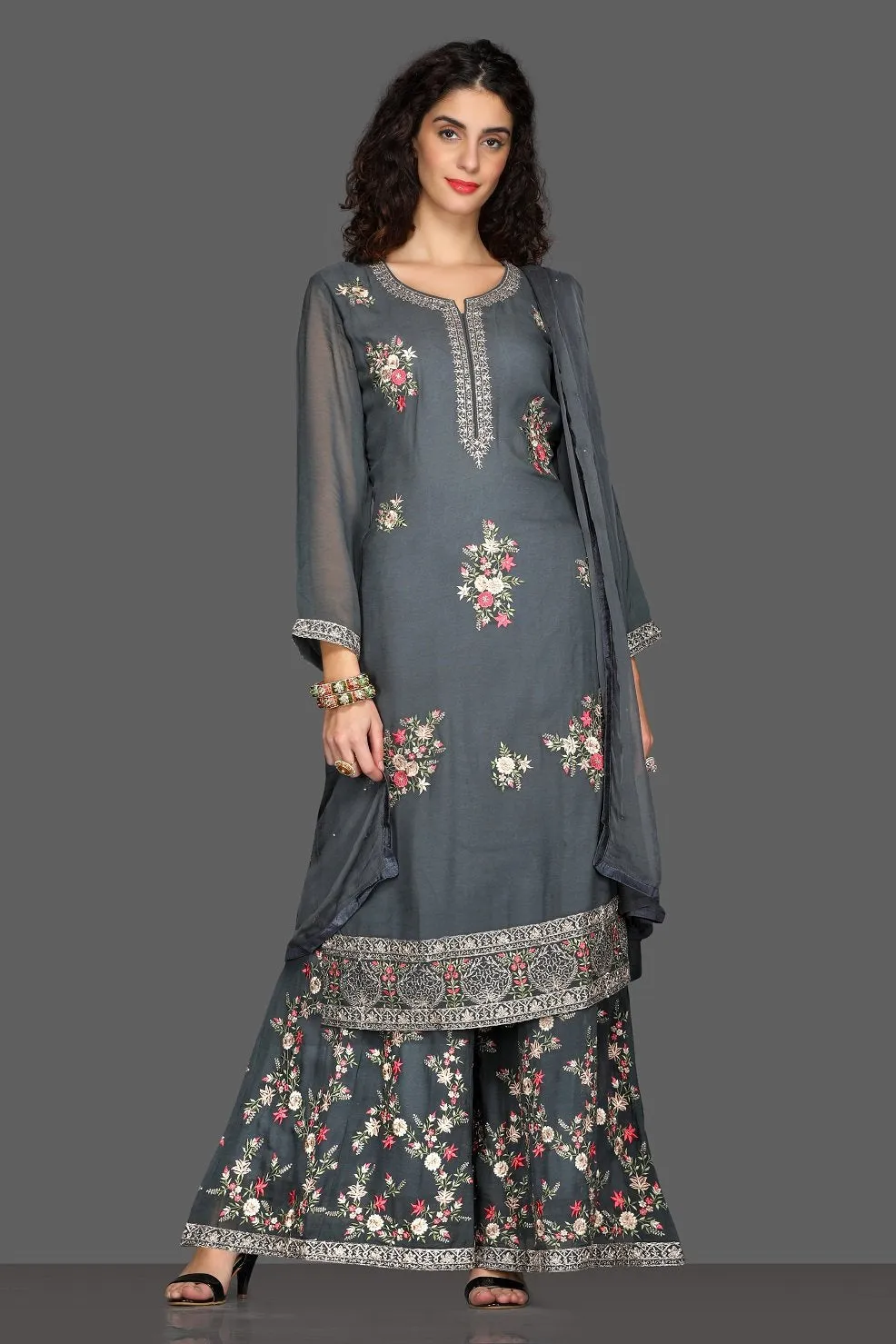 50Z092-RO Dark Grey Embroidered Palazzo Suit with Dupatta