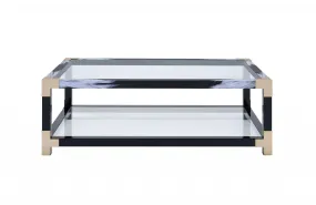 54 Clear And Black and Gold Glass And Iron Coffee Table With Shelf