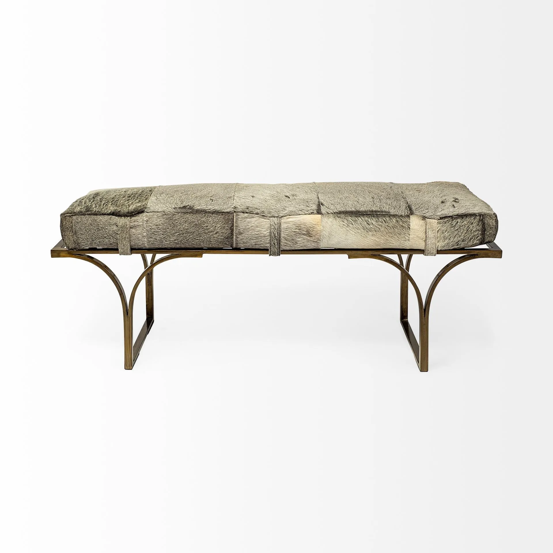 55 Gray and Antiqued Brass Upholstered Faux Fur Bench