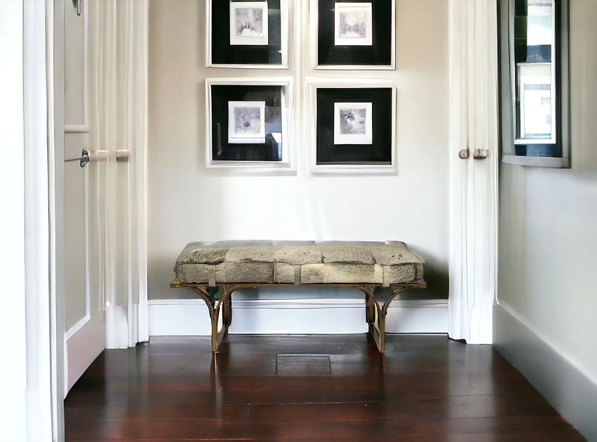 55 Gray and Antiqued Brass Upholstered Faux Fur Bench