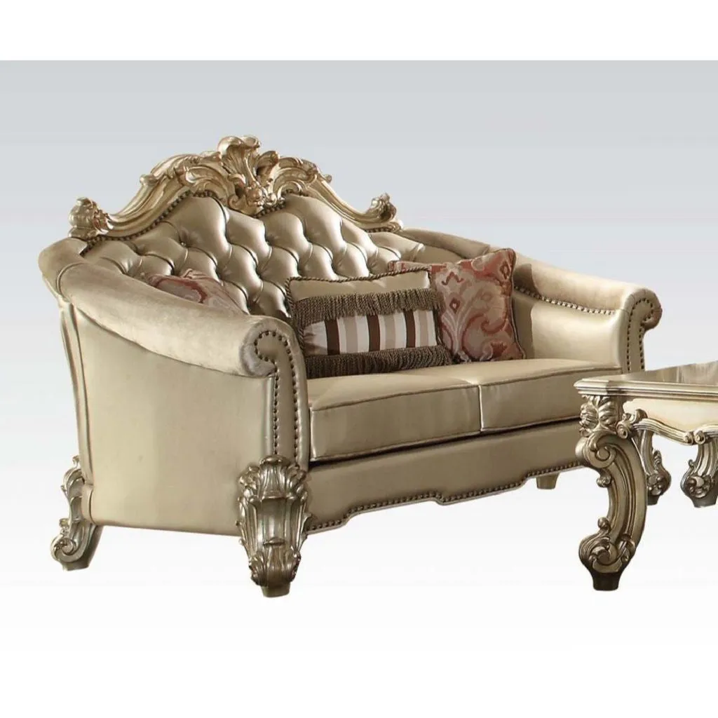 67 Bone And Gold Faux Leather Loveseat and Toss Pillows