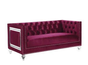 67 Burgundy And Silver Velvet Loveseat and Toss Pillows