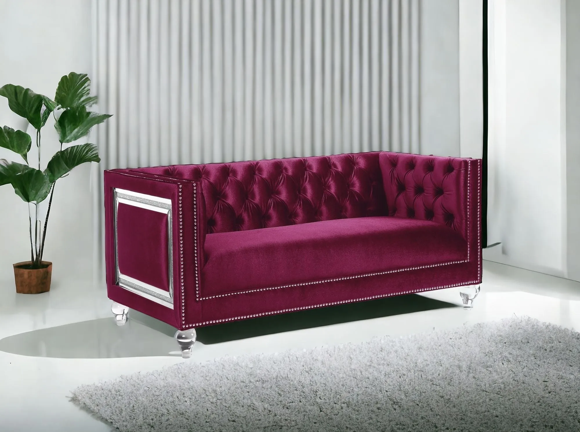 67 Burgundy And Silver Velvet Loveseat and Toss Pillows