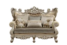 72 Cream And Platinum Polyester Blend Damask Chesterfield Loveseat and Toss Pillows