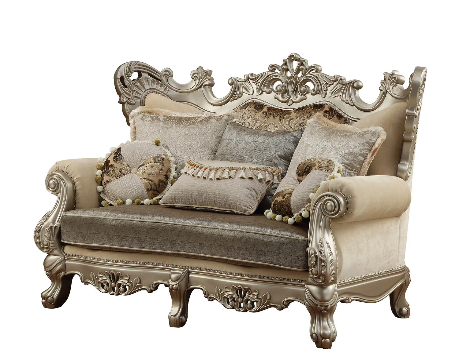 72 Cream And Platinum Polyester Blend Damask Chesterfield Loveseat and Toss Pillows