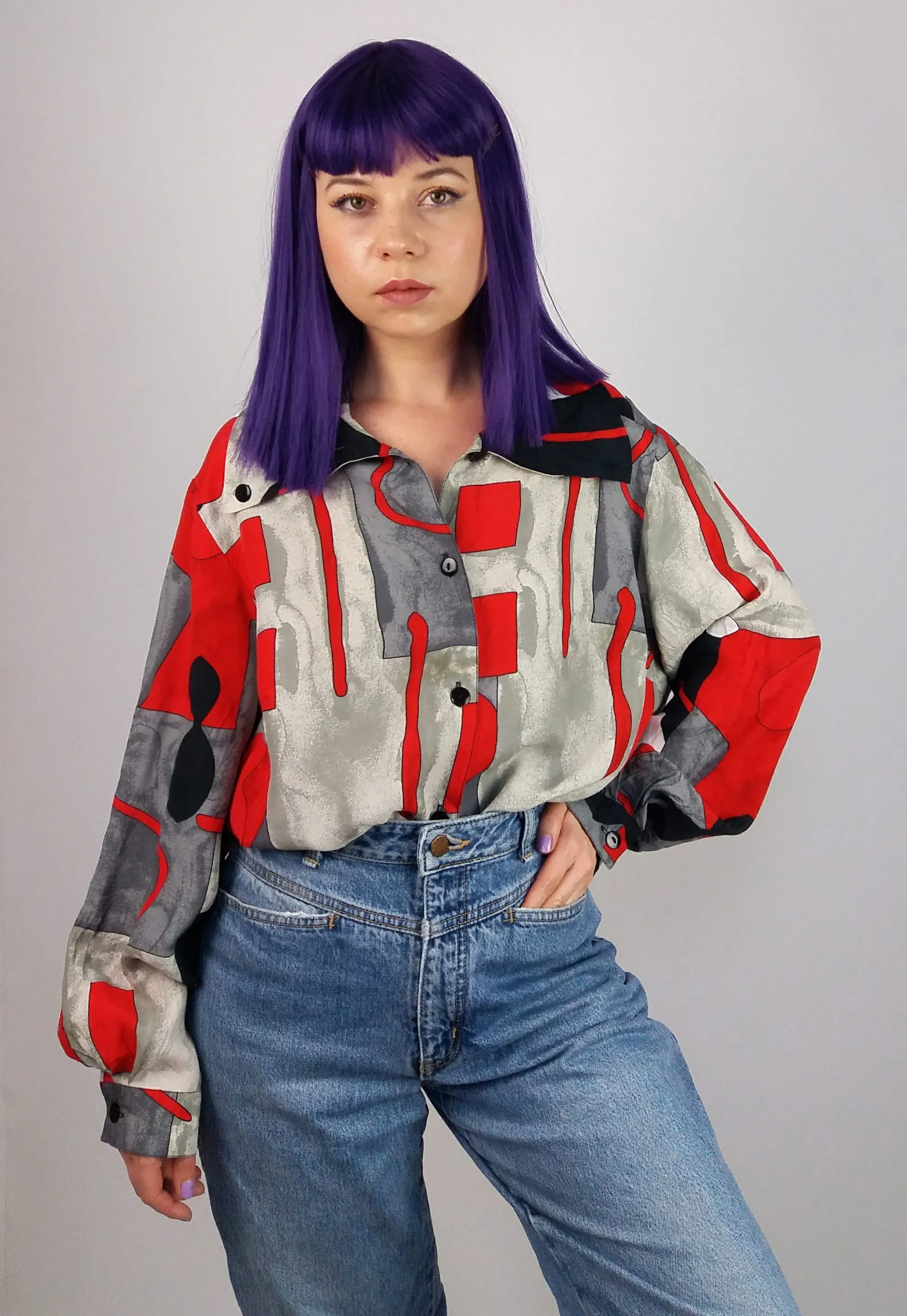 80's 90's Oversized Button-up Pattern Blouse