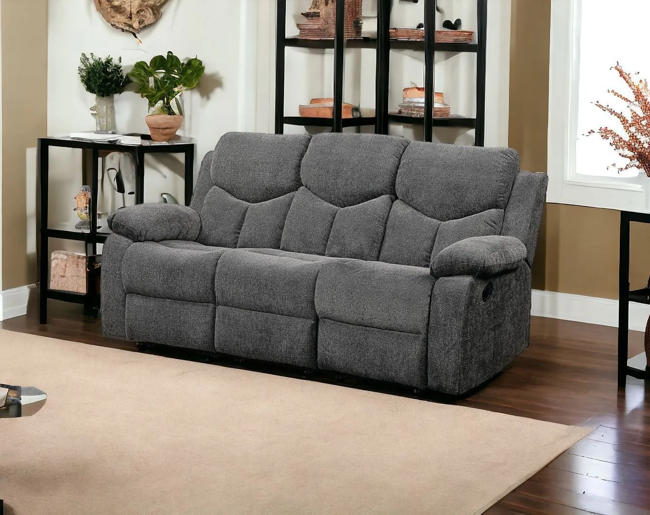 82 Gray And Black Chenille Reclining Sofa