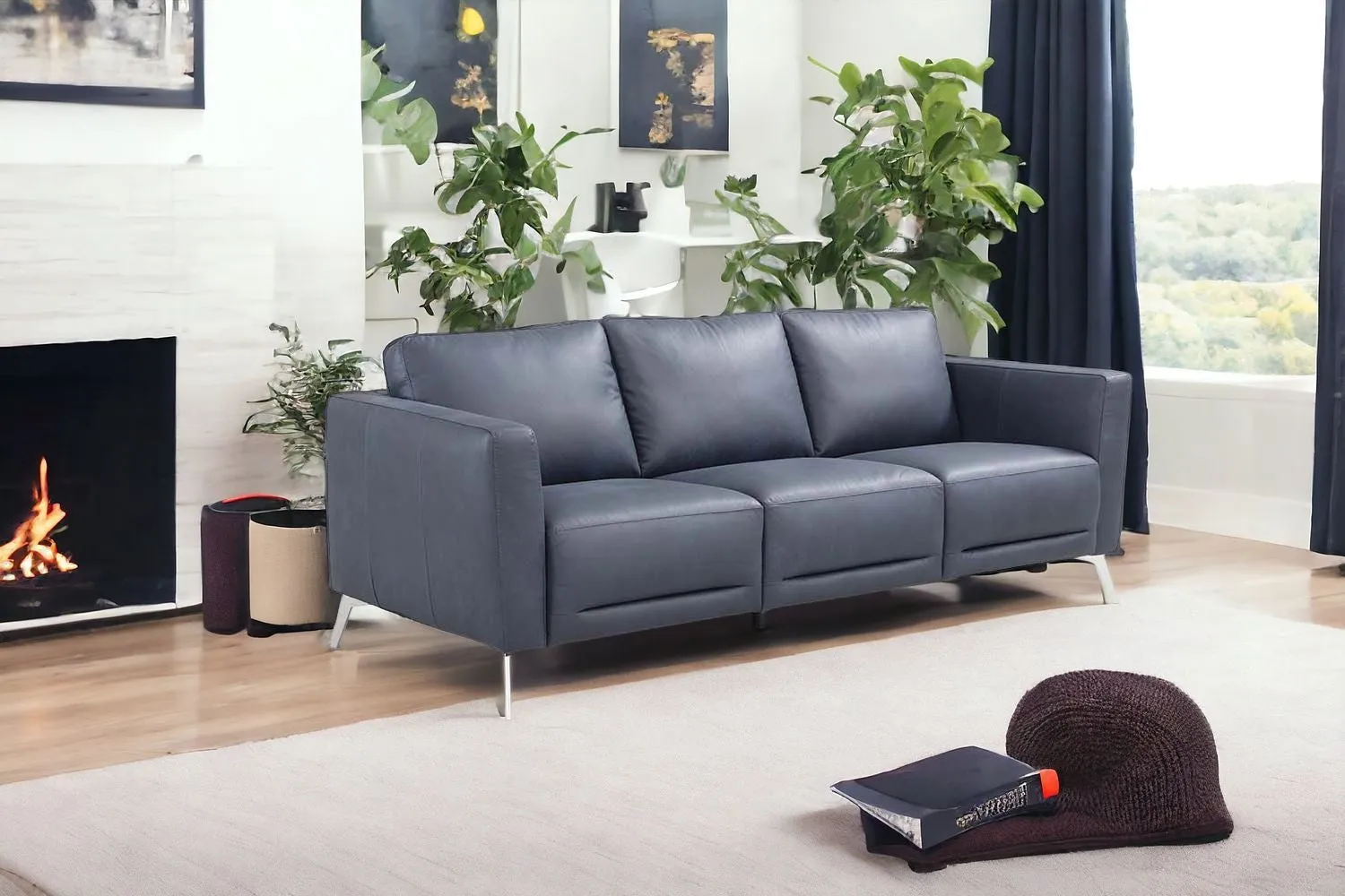 85 Blue Leather And Black Sofa