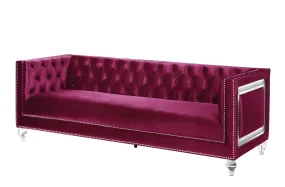 89 Burgundy And Clear Velvet Sofa And Toss Pillows