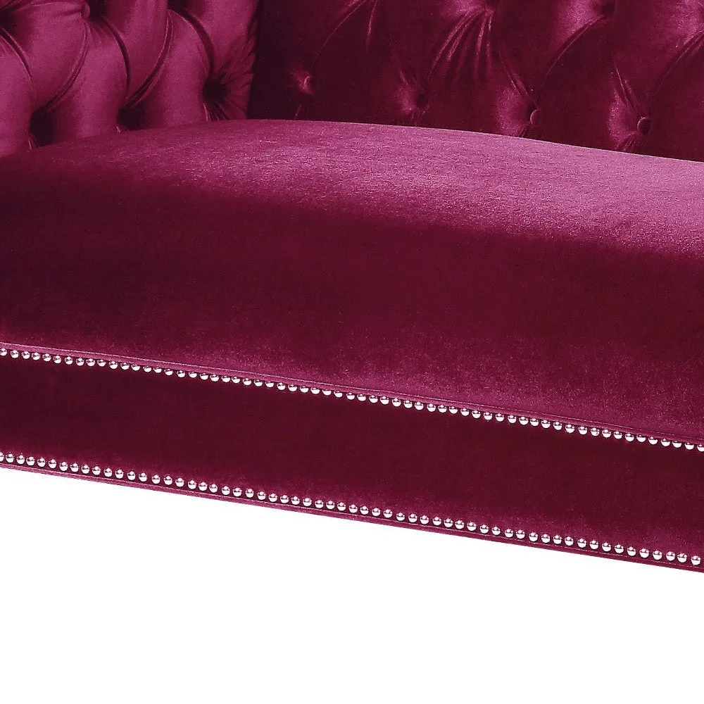 89 Burgundy And Clear Velvet Sofa And Toss Pillows