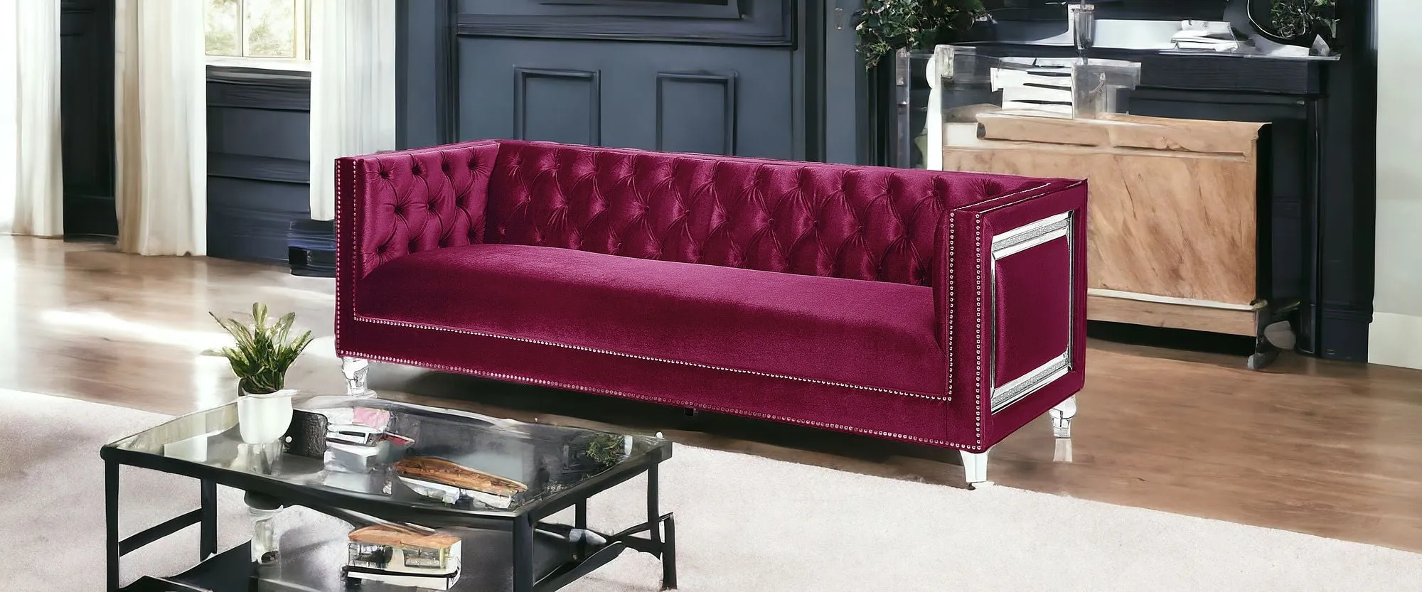 89 Burgundy And Clear Velvet Sofa And Toss Pillows