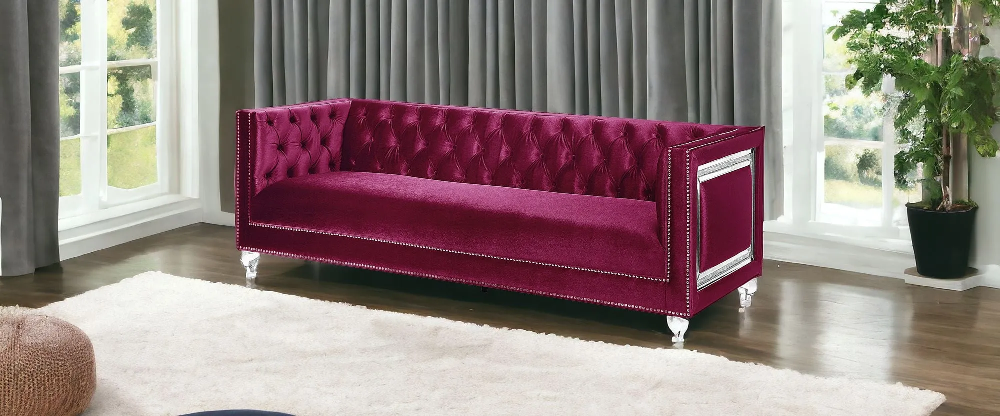 89 Burgundy And Clear Velvet Sofa And Toss Pillows