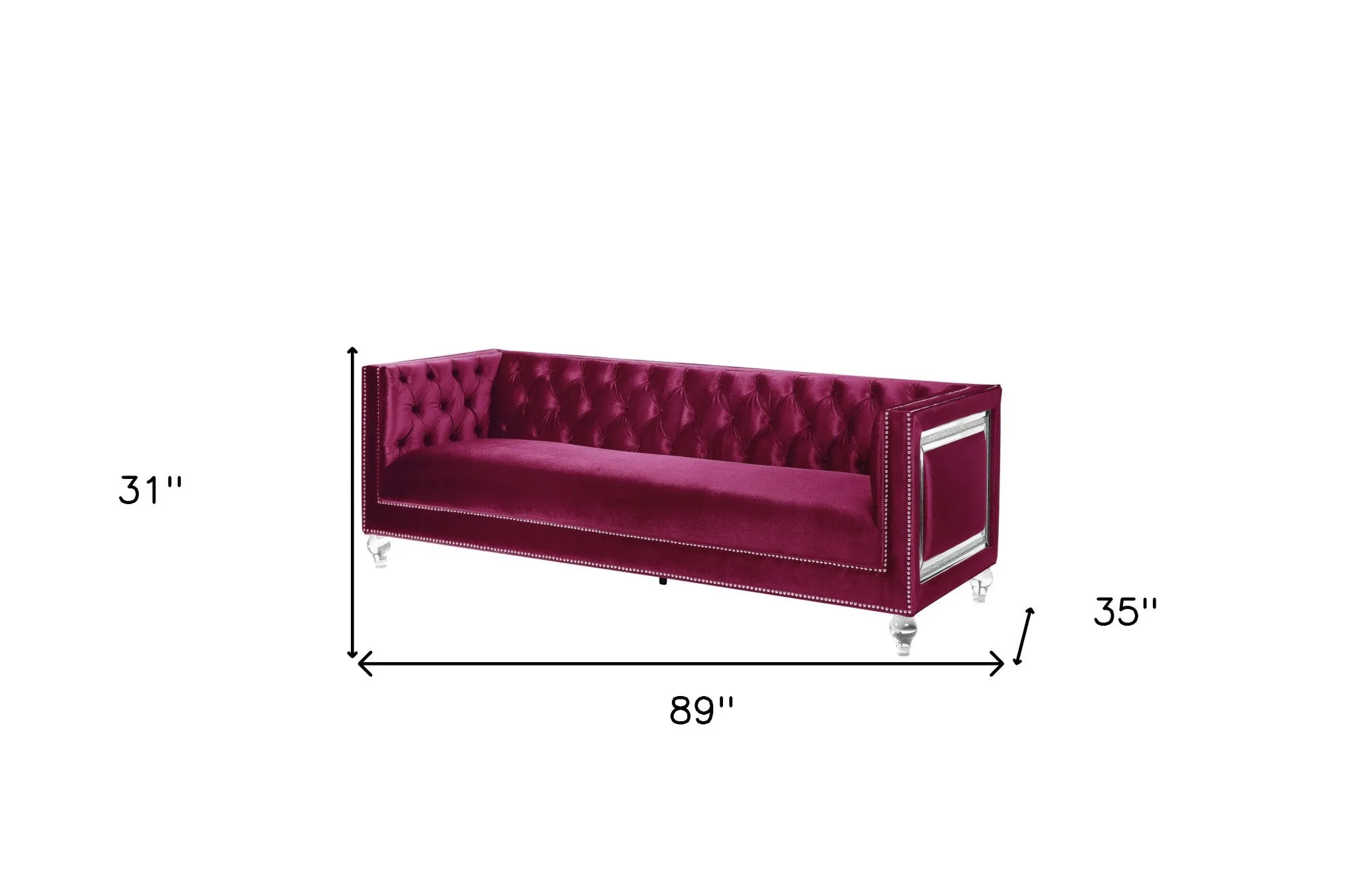 89 Burgundy And Clear Velvet Sofa And Toss Pillows