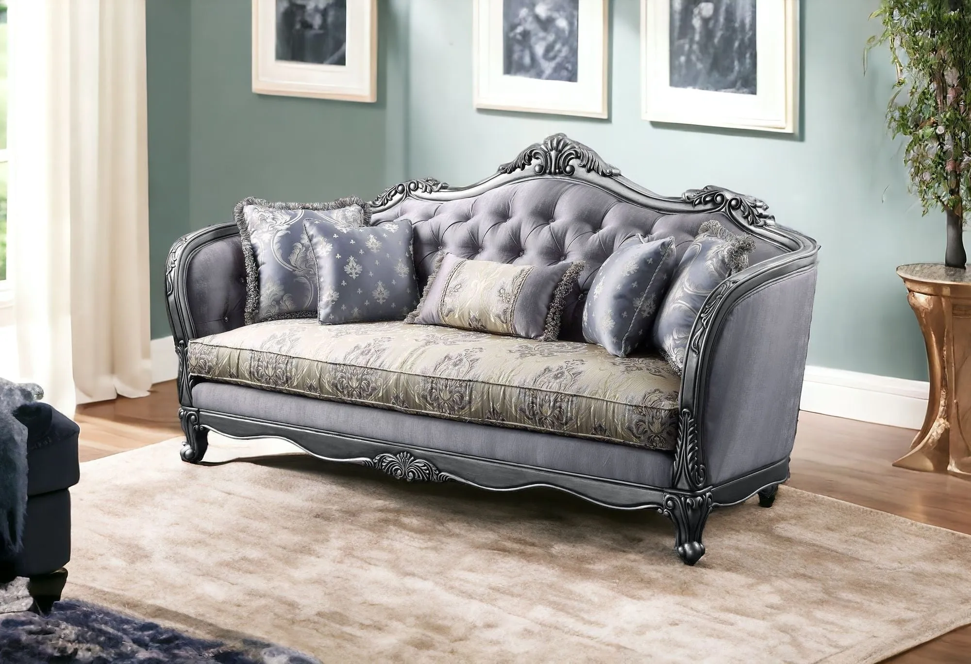 89 Fabric Imitation silk And Platinum Sofa With Five Toss Pillows