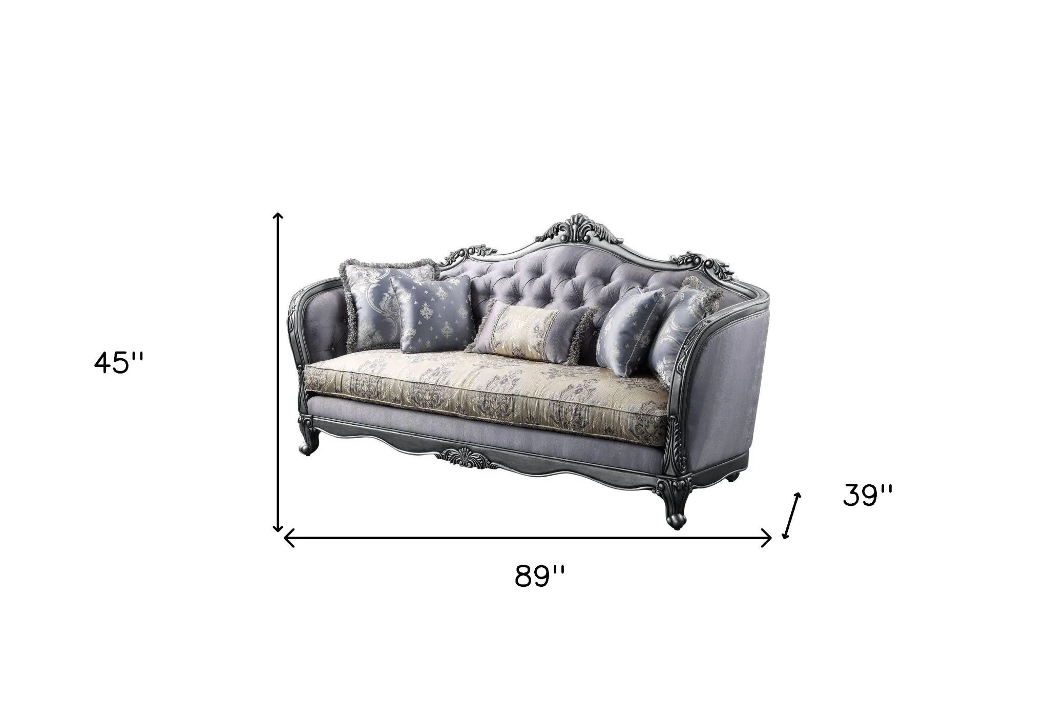 89 Fabric Imitation silk And Platinum Sofa With Five Toss Pillows