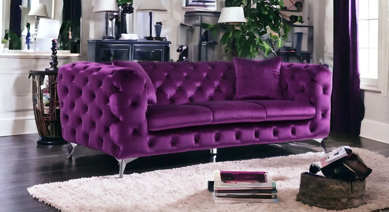 90 Purple And Silver Velvet Sofa