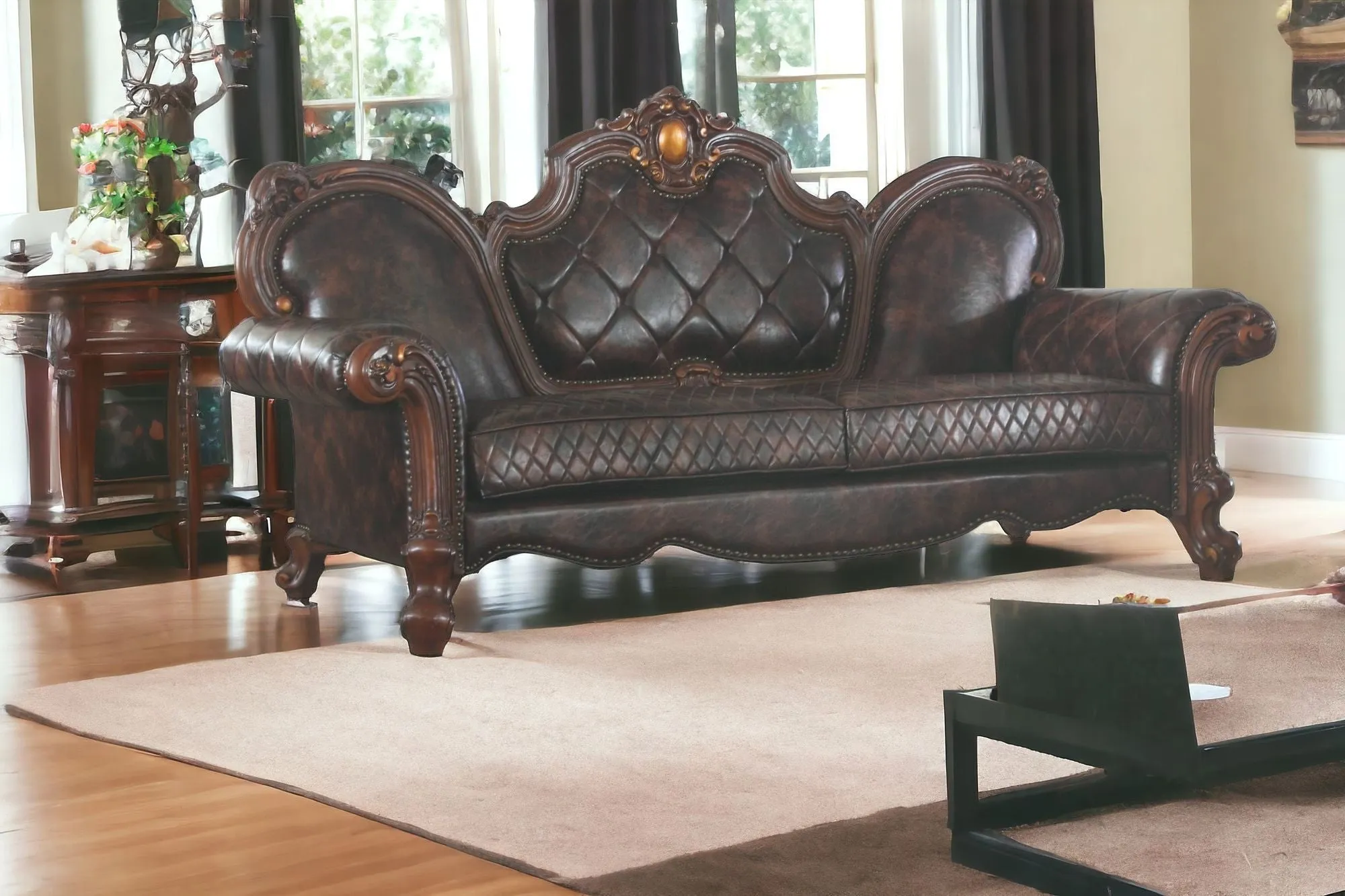 93 Dark Brown Faux Leather Sofa With Three Toss Pillows